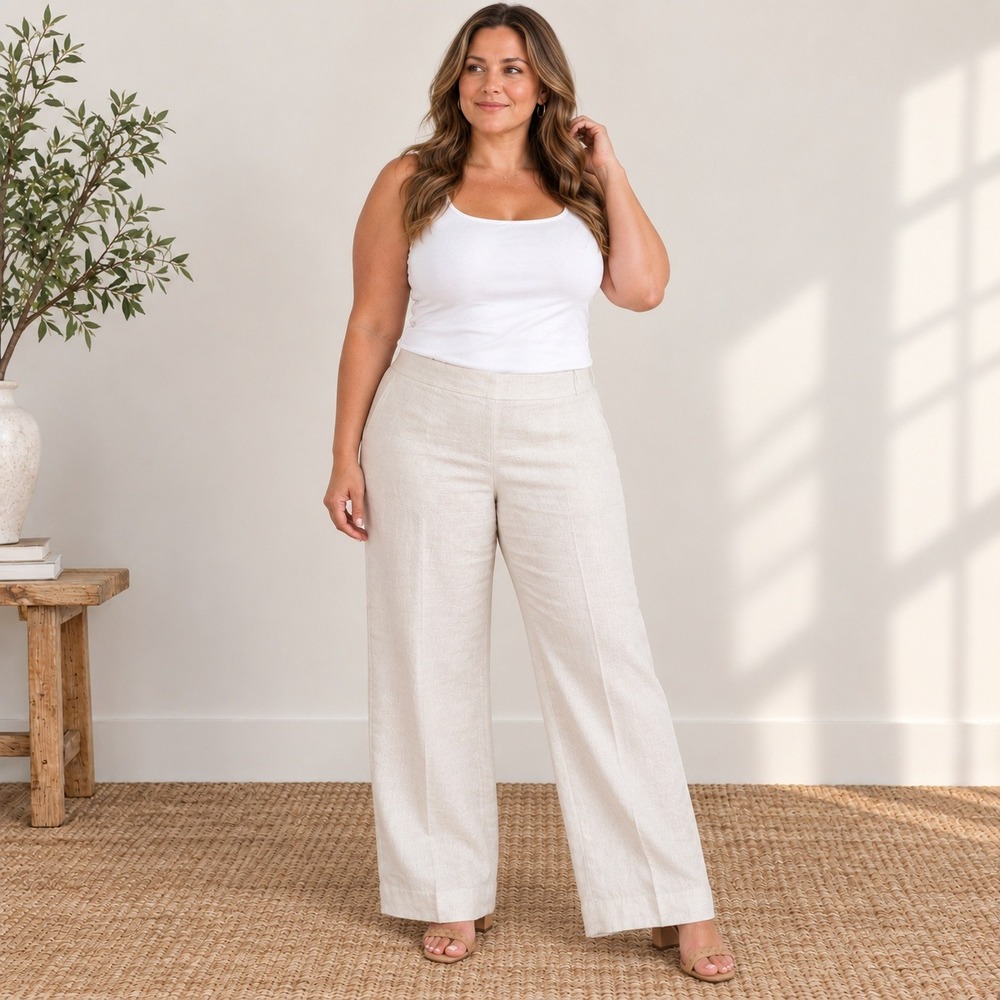 Jones New York 100% Linen Wide Leg Pants Cream Side Zip NWT Womens 16